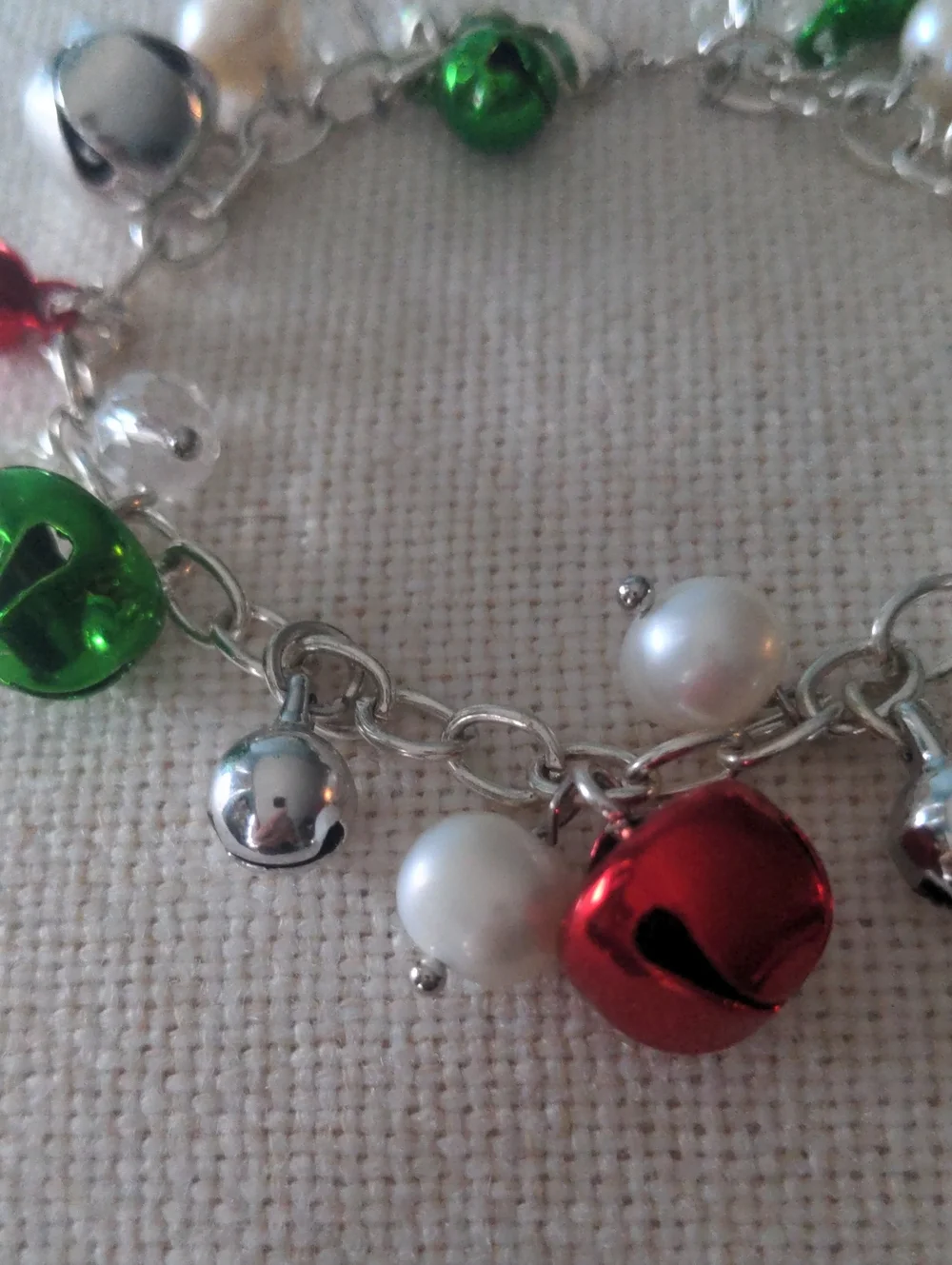 Festive Green & Red Bell, Pearl , Crystal Charm Bracelet, Adjustable 7 1/2
